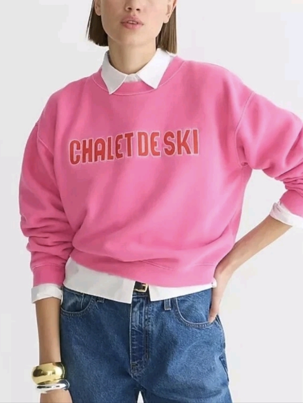 J. Crew Heritage Fleece Chalet de Ski Sweatshirt Embroidered Pink Crewneck Sz M